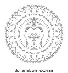 Head of Buddha in mandala. Isolated icons of Mudra. Beautiful detailed, serene. Vintage decorative elements. Indian, Hindu motifs vector