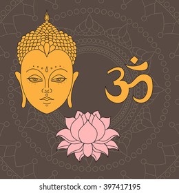 Head of Buddha. Om sign. Hand drawn lotus flower. Isolated icons of Mudra. Beautiful detailed, serene. Vintage decorative elements. Indian, Hindu motifs vector