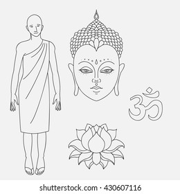 Head of Buddha. Om sign. Outline buddhist monk. Hand drawn lotus flower. Isolated icons of Mudra. Beautiful detailed, serene. Vintage decorative elements. Indian, Hindu motifs vector