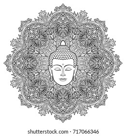 Head of Buddha on floral round mandala background. Sign for tattoo, textile print, mascots and amulets. Esoteric coloring page.