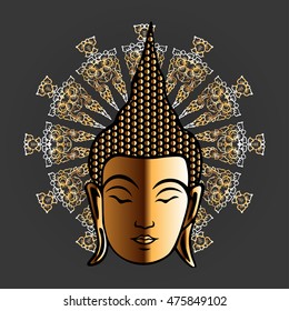 Head of Buddha. Buddha over ornate mandala round pattern. Esoteric vector illustration. Vintage decorative culture background. Indian, Buddhism, spiritual art.