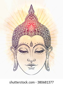 Head of Buddha. Vector illustration over vintage background. Beautifully detailed face, serene. Vintage decorative elements. Indian, Buddhism, Spiritual motifs. Tattoo, yoga, spirituality.