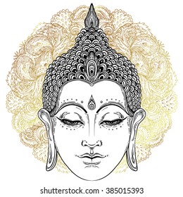 Head of Buddha. Vector illustration over ornate mandala. Beautifully detailed face, serene. Vintage decorative elements. Indian, Buddhism, Spiritual motifs. Tattoo, yoga, spirituality.