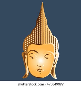 Head of Buddha. Vector Illustration over the dark blue  background. Indian, Buddhism, spiritual art.