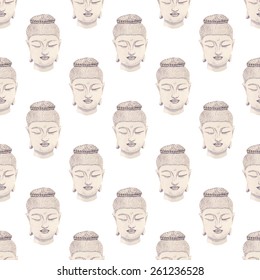 Head of Buddha. Watercolor seamless pattern with Buddhas on the white background, aquarelle. Vector illustration. Hand-drawn decorative element useful for invitations, scrapbooking, design. 