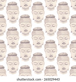 Head of Buddha. Watercolor seamless pattern with Buddhas on the white background, aquarelle. Vector illustration. Hand-drawn decorative element useful for invitations, scrapbooking, design. 