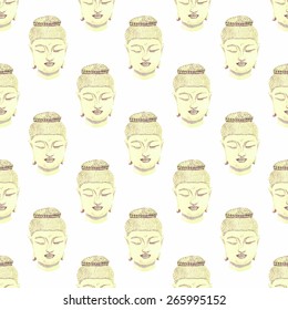 Head of Buddha. Watercolor seamless pattern with Buddhas on the white background, aquarelle. Vector illustration. Hand-drawn decorative element. Real watercolor painting