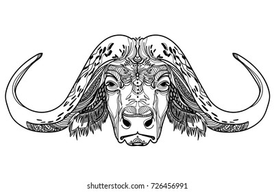 The head of a buffalo. Bull with big horns and fluffy ears. Drawing manually in vintage style. Meditative coloring. Coloring for children. Arrows, points, patterns, waves.