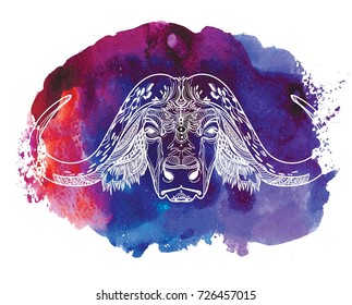 The head of a buffalo. Bull with big horns and fluffy ears. Drawing manually in vintage style. Meditative coloring. Coloring for children. Arrows, points, patterns, waves.
