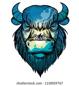 Head of a buffalo with a night forest landscape. Vector illustration for prints on t-shirts, tattoos and much more.