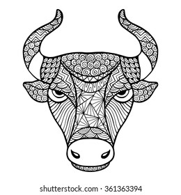 Head Buffalo style zentangle, handmade vector isolated on a white background for your design. Collection of animals.