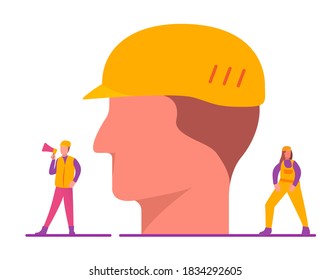 El jefe de un trabajador de la construcción con un casco protector. Caricaturista con altavoz y casco y ropa especial. Chica en overalls.