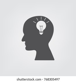 Head with bulb icon on the white background. Line icon- Idea concept. Big idea and think design.