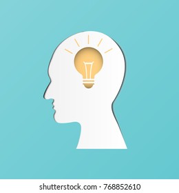 Head with bulb icon on the white background. Line icon- Idea concept. Big idea and think design.  paper art and craft style.