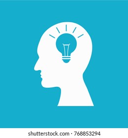 Head with bulb icon on the white background. Line icon- Idea concept. Big idea and think design.  paper art and craft style.