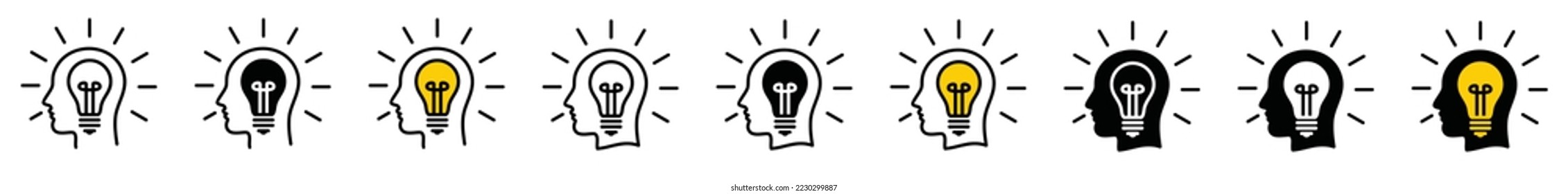 Head with bulb icon vector. Smart or good idea icon set. Inspiration creative idea, knowledge, solution and innovation, symbol illustration