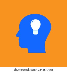 Head, bulb, idea icon. Vector illustration, flat design.