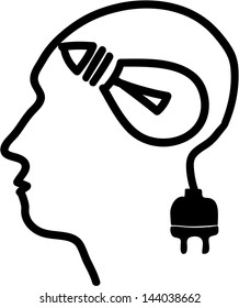 Head with bulb symbol and plug, simple vector illustration