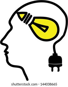 Head with bulb symbol and plug, simple vector illustration