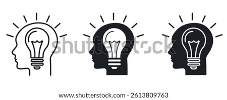 Head with bulb vector concept, creative thinking idea symbol,brainstorming icon, human mind silhouette with light bulb, imagination and intelligence illustration, bright idea design element