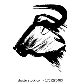 The head of a bull, a cow and Ox on a white background. Chinese happy new year 2021. Year of the white, metallic bull. Lunar New Year. Drawing bull, ox, cowhide ink