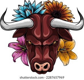 head bull with flower vector illustration on white background. digital hand draw