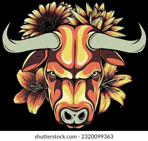 head bull with flower vector illustration on black background. digital hand draw