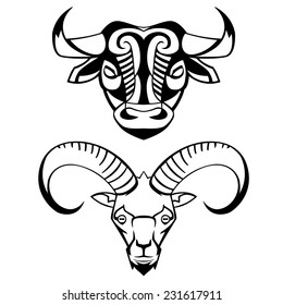 head of a bull and the goat - vector black and white can be used for logos and mascots tattoos