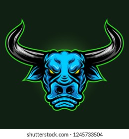 head bull Logo Front Side Blue Style Vector Illustration