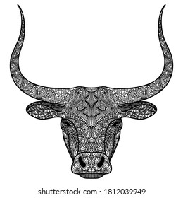 Head of bull. Ornamental longhorned Buffalo or bison symbol of new new year 2021. Black and white concept. Vector illustration.