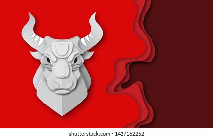 Head of the Bull, symbol of the Bullish Stock market. Red background, Paper cut out style, vector illustration - Vector