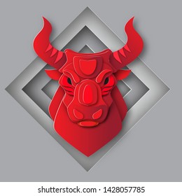 Head of the Bull, symbol of the Bullish Stock market, Paper cut out style, vector illustration