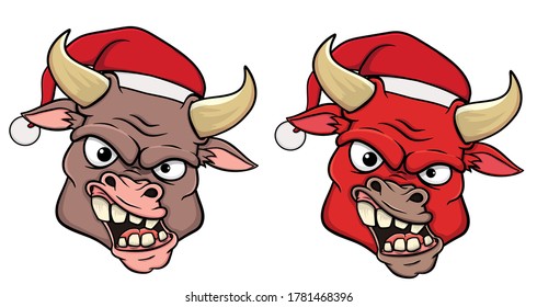 head of bulls in christmas hats. symbol of 2021. isolated on a white background. stock illustration