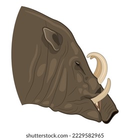 Jefe de Buru babirusa de perfil. (Babyrousa babyrussa). Cerdo salvaje indonesio. Ilustración vectorial aislada. Estilo de caricatura.