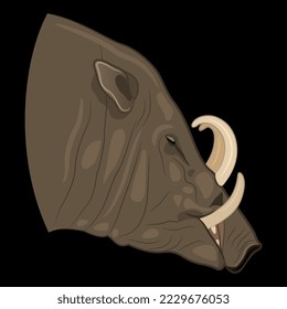 Jefe de Buru babirusa de perfil. (Babyrousa babyrussa). Cerdo salvaje indonesio. Estilo de caricatura. Sobre fondo negro.