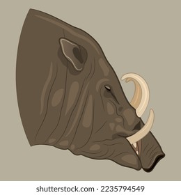 Jefe de Buru babirusa de perfil. (Babyrousa babyrussa). Cerdo salvaje indonesio. Estilo de caricatura. Sobre fondo gris.