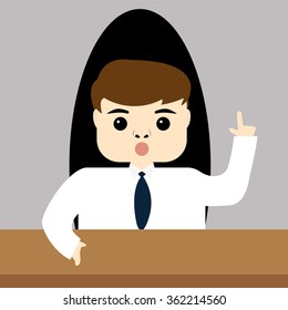 Head businessman sitting at table and giving instructions to employees