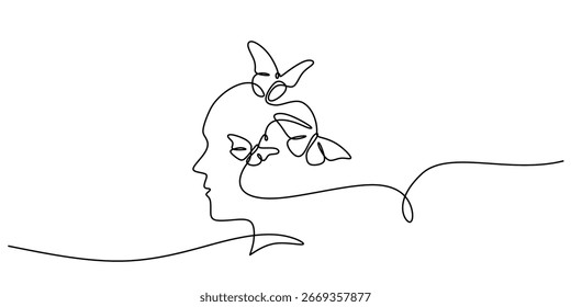 Head with butterflies escaping continuous line drawing. A metaphor for imagination, human peace, and freedom. Vector illustration minimalist design hand drawn.
