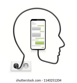 Head cable connected to the phone. Vector illustration