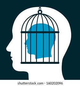 Head in a cage inside silhouetted head showing a captive with lack of freedom of speech, mind, expression, personality and ideas