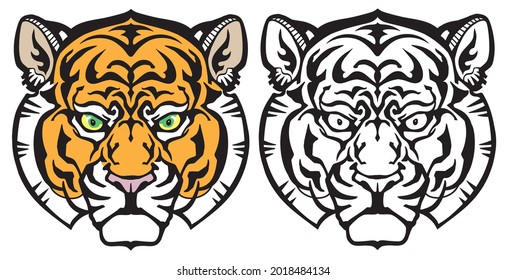 Head of a calm tiger. Front view. Black and white and colour options. Isolated vector illustration. Tattoo
