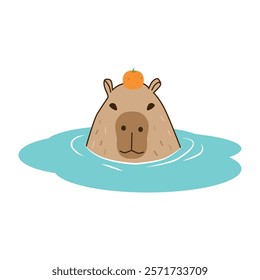 The head of a capybara sitting in the water. A capybara with a tangerine on its head. A cute rodent. Vector illustration.