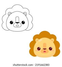 The head of a cartoon animal. Lion's head. Contour drawing.  Cute cartoon lion. Educational coloring book with animals for preschool and kindergarten children