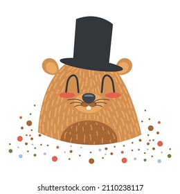 Head of cartoon cute groundhog in a hat. Isolated vector illustration