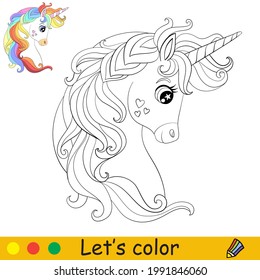 Head of cartoon cute unicorn with long rainbow mane in profile. Coloring book page with colorful template for kids. Vector isolated illustration. For coloring book, print, game, party, design, decor