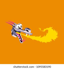 Head of cartoon dragon with fire from his mouse. The head of the fire-breathing dragon