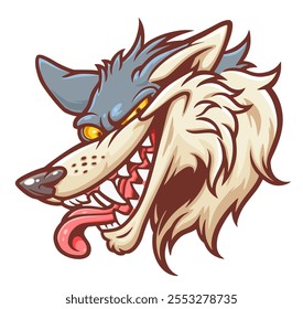 Cabeza de un lobo malvado de dibujos animados con una cara astuta. Ilustración vectorial.