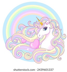 The head of a cartoon unicorn with a long mane on a rainbow background. Cute fantastic animal. For children's design of prints, posters, cards, stickers, puzzles, etc. Vector