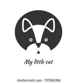 Head of cat. Black contour on white background. Vector illustration. Monochrome logo, emblem, print, background. 