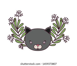 head of cat with branch and leaves of background